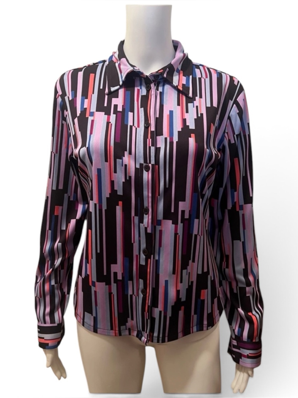 New York & Company Black Lilac Multicolor Button Down Vintage Long Sleeved Shirt